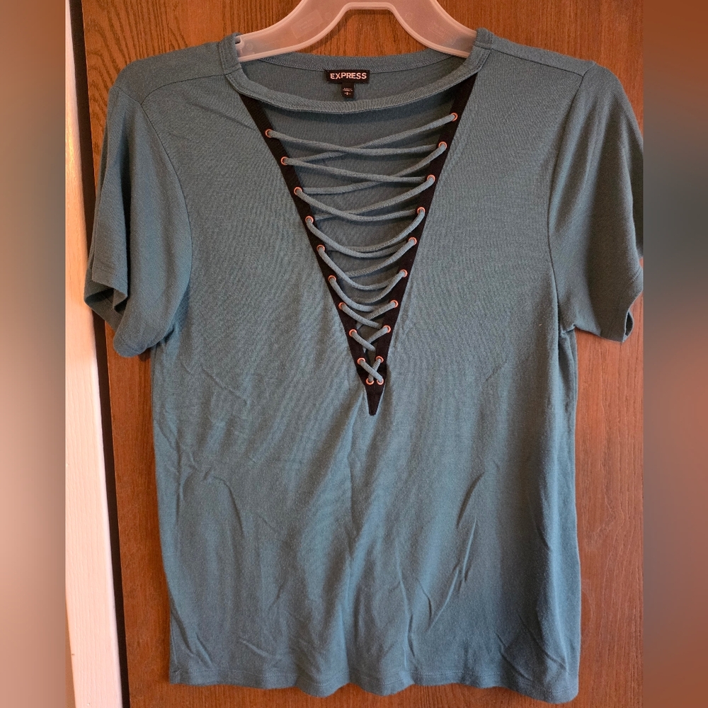 Express Teal Short-Sleeve Lace-Up V-Neck Tee